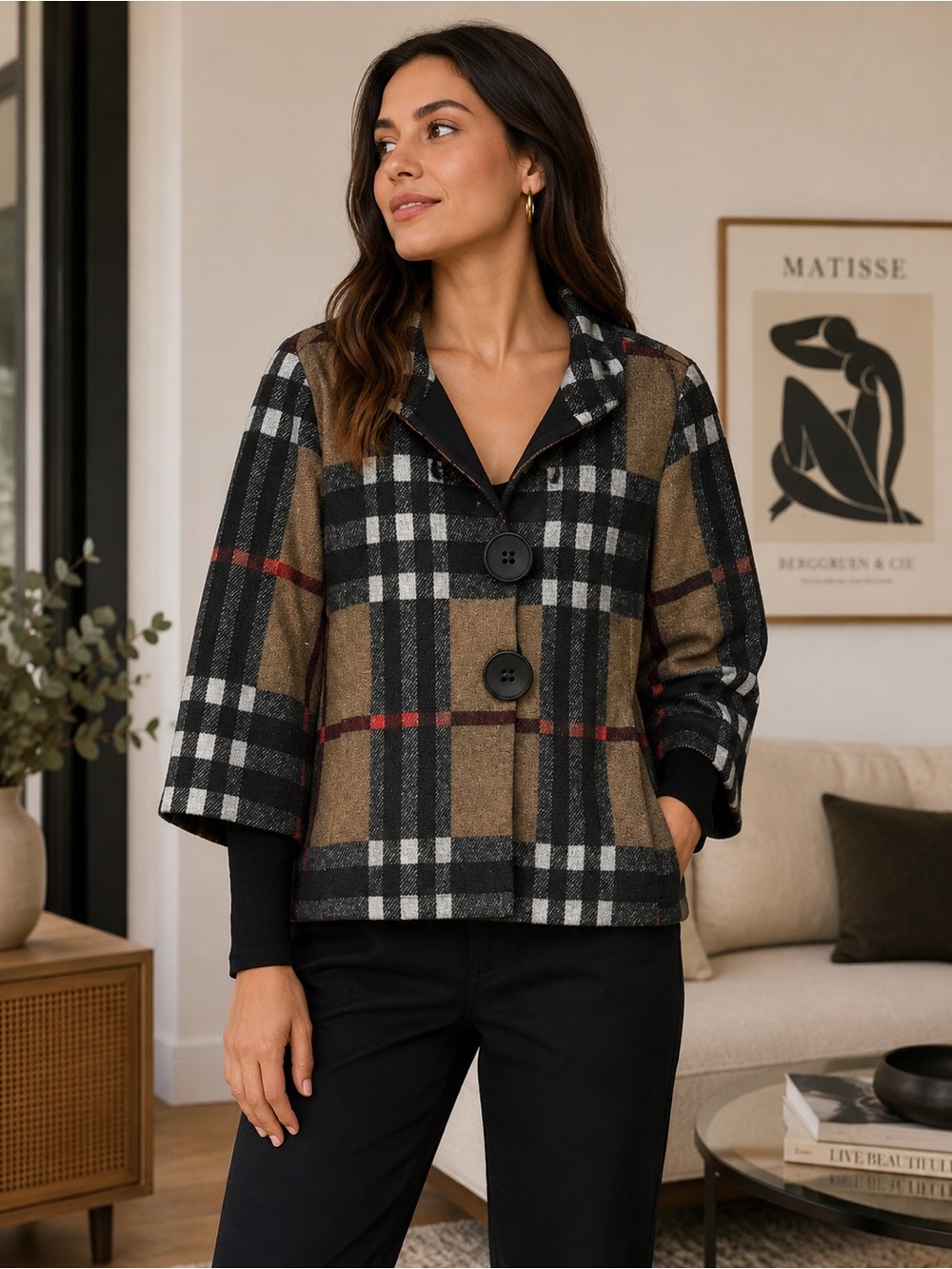 Joseph Ribkoff Black, Brown & White Plaid Short Peacoat US 8